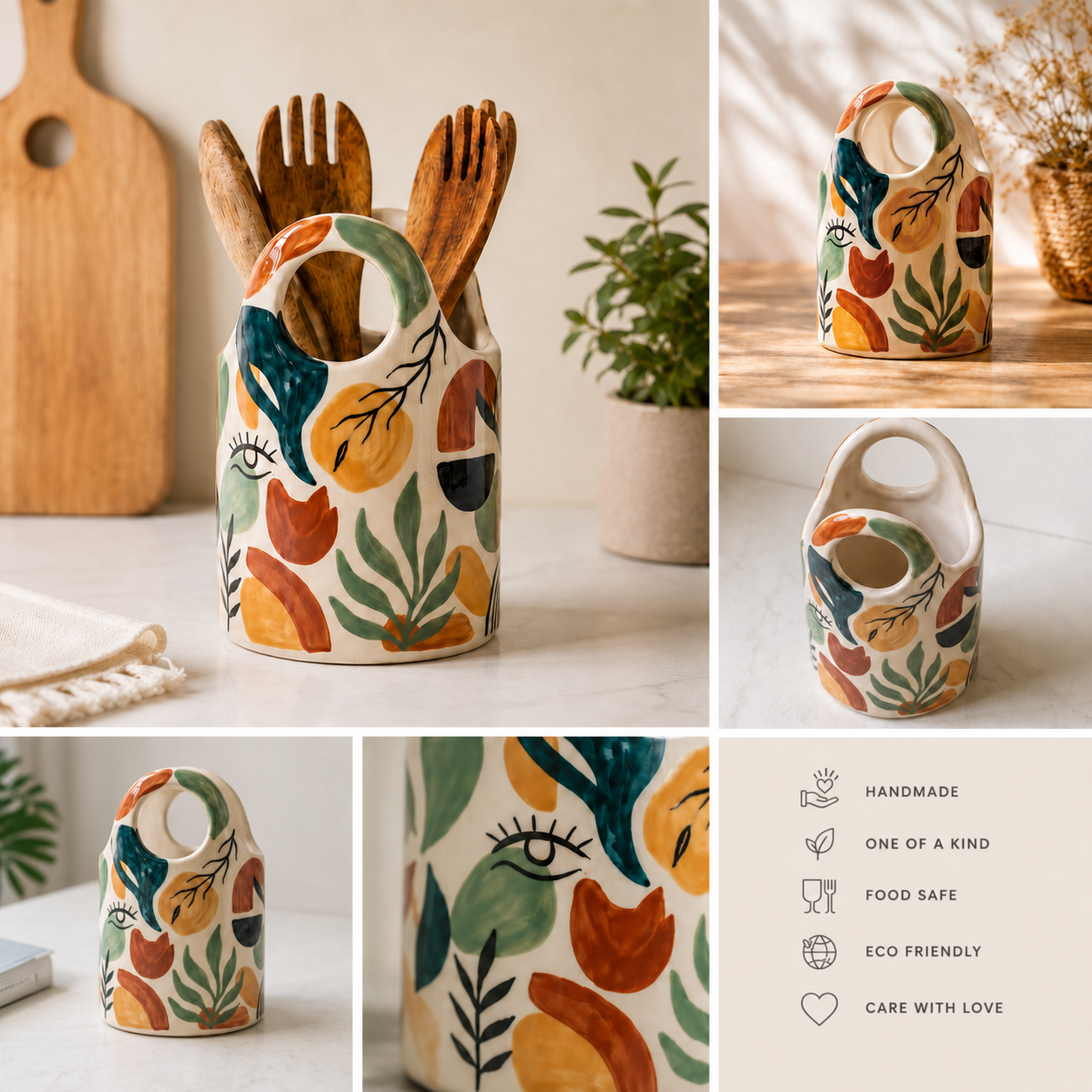 Abstract Ceramic Utensil Holder | Hand Painted Spoon Crock