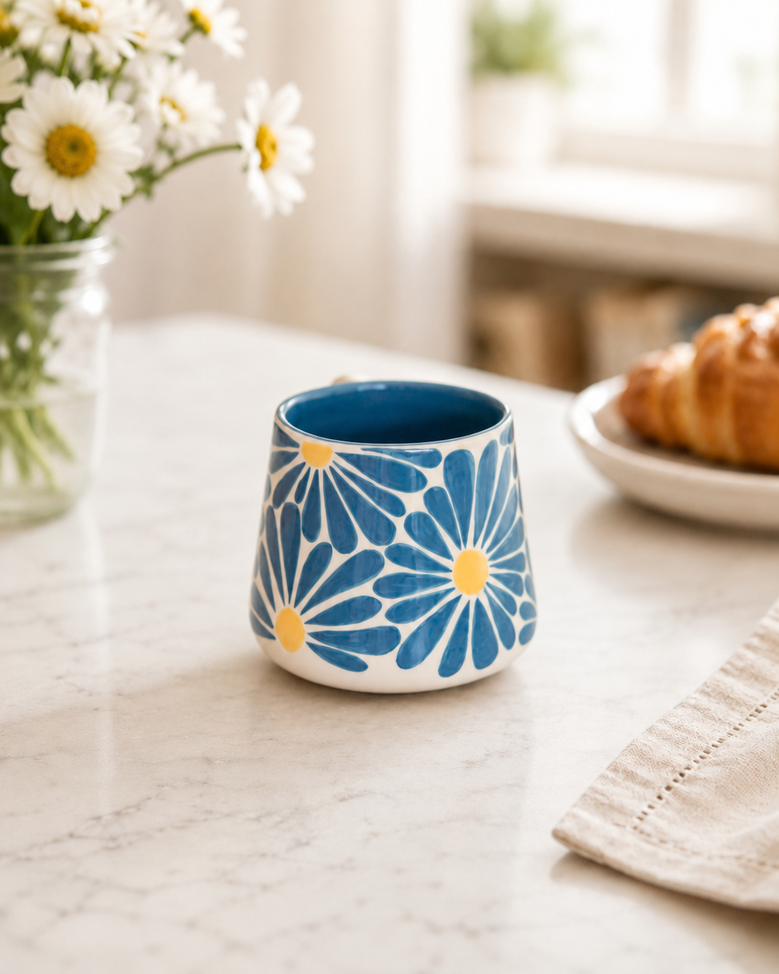 Floral Coffee Mug, Handmade Large Mug, Blue Flower Ceramic Mug