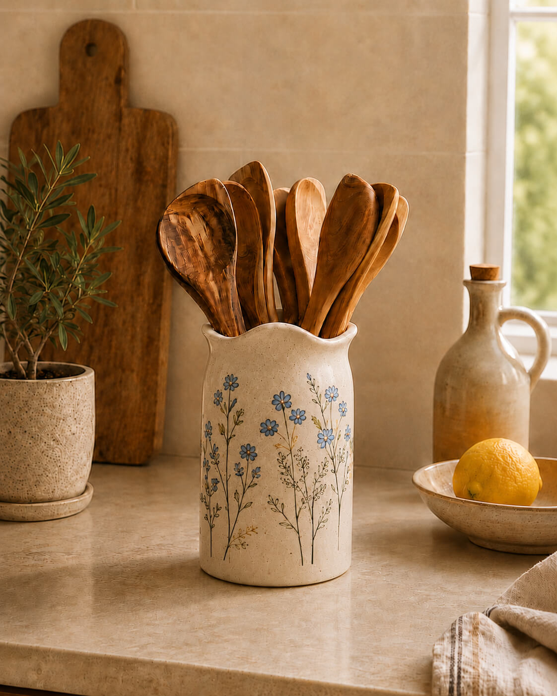 A cream ceramic utensil holder with a blue floral pattern sits on a beige kitchen counter, holding several wooden spoons. A potted plant, a wooden cutting board, and a small bowl with a lemon are visible in the background near a window.