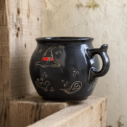 Cauldron Mug Halloween Decor, Handmade Ceramic Mug, Ghost Witch Hat and Pumpkin
