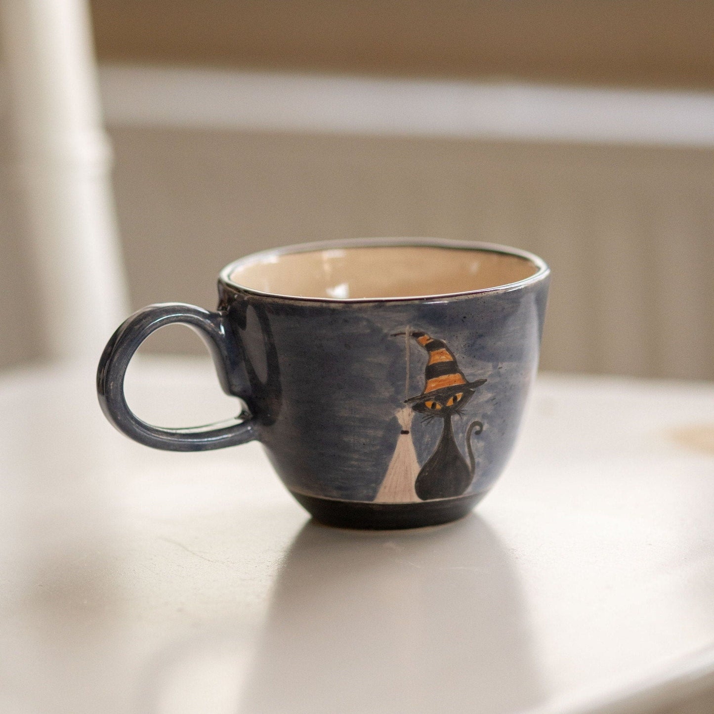 Cute Cat Mug - Witch Cat, Black Cat Pottery Mug, Halloween Gift Mug