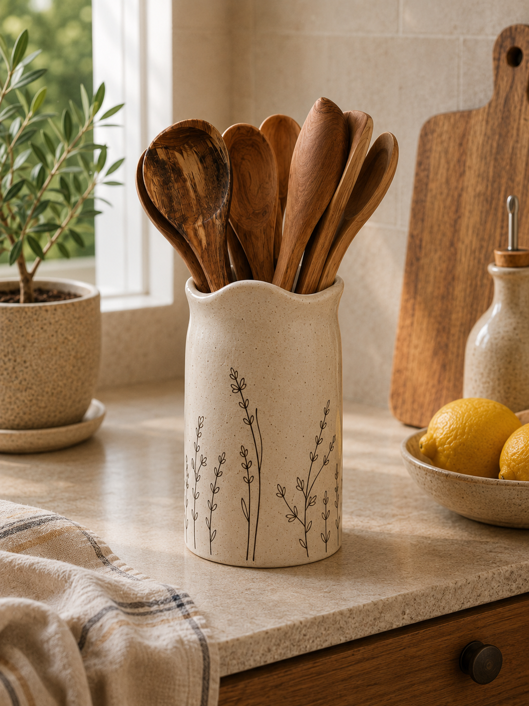 Speckled cream stoneware utensil crock with hand-drawn wildflower design styled with wooden utensils and lemons