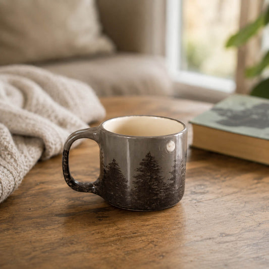 A ceramic mug with a dark forest tree design sits on a wooden table in a cozy living room setting next to a knitted blanket and a book.