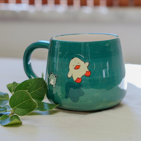 Funny Frog and Duck Summer Mug: Handmade Ceramic Coffee Cup