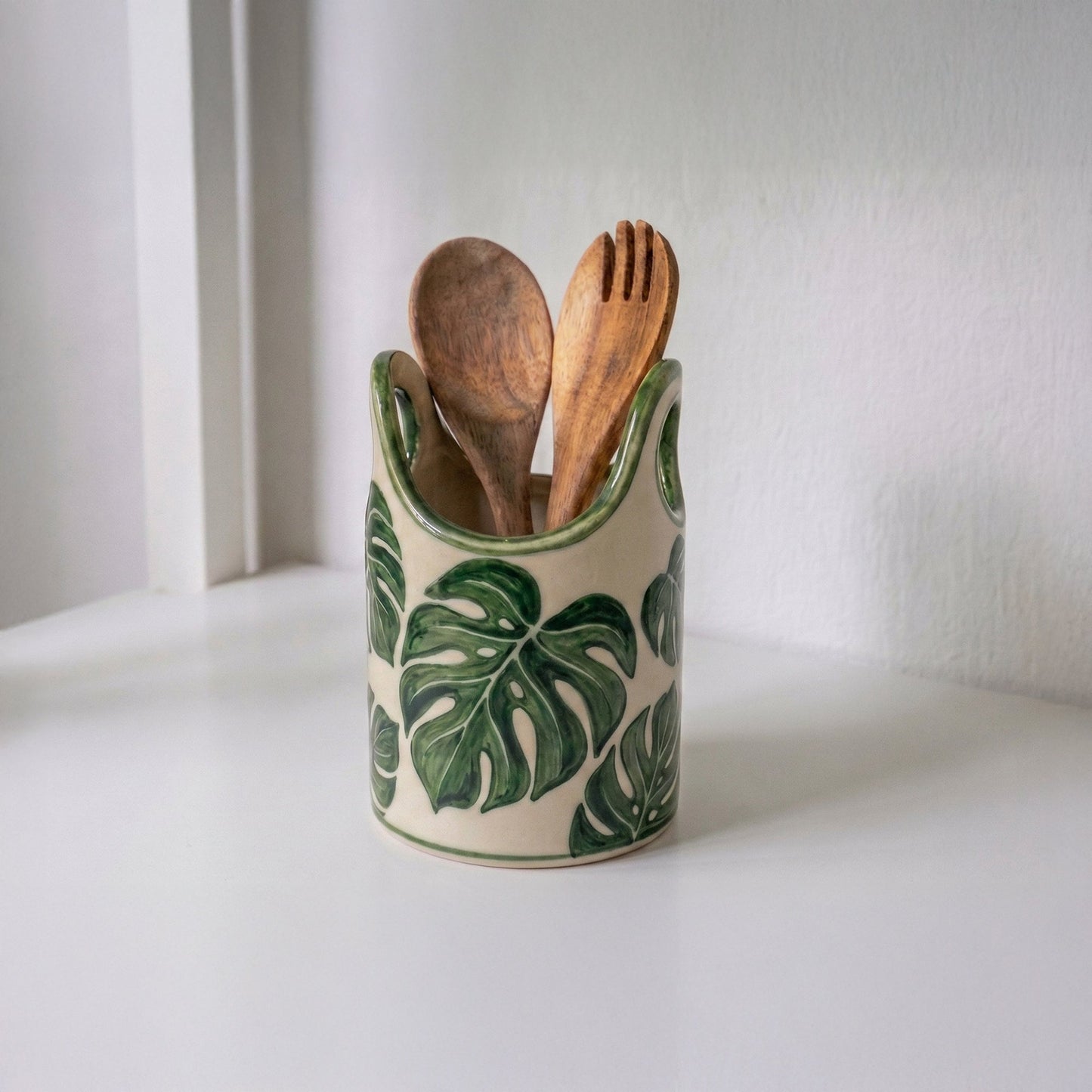 Hand Painted Ceramic Utensil Holder | Monstera Spoon Crock