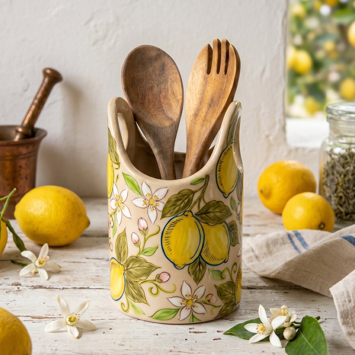 Hand Painted Lemon Ceramic Utensil Holder | Lemon Blossom Spoon Crock