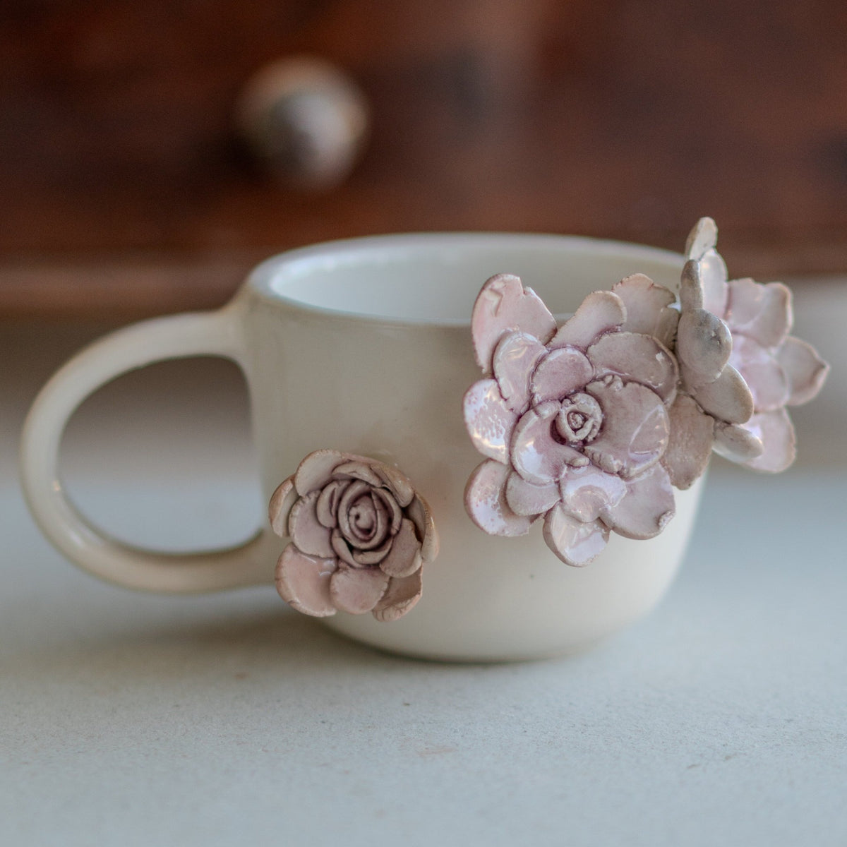 Handmade Floral Ceramic Coffee Mug: 3D Flower Applique