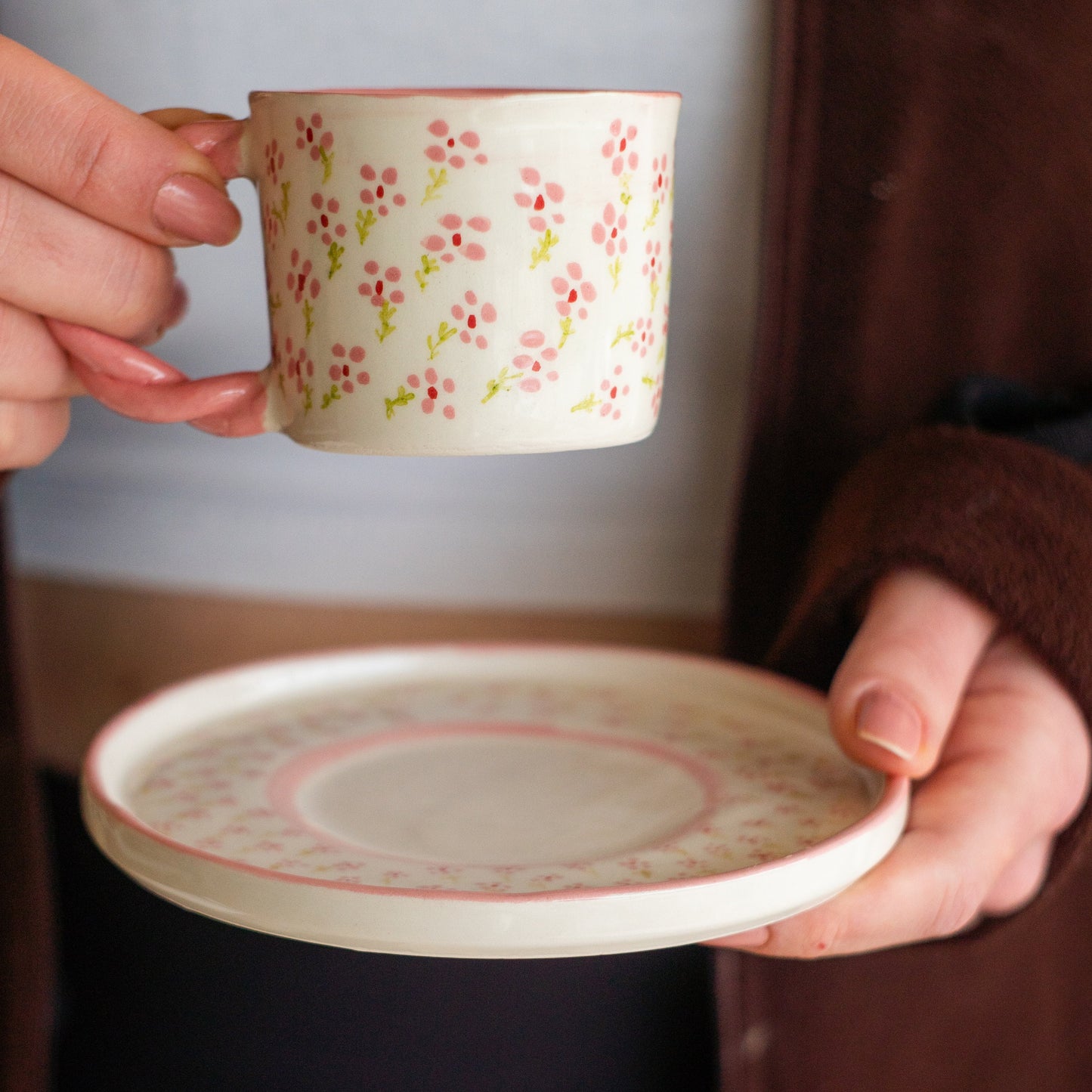Minimalist Flowers Coffee Cup and Saucer | Handmade Coffee Cup Blossom Decor | Decorative Floral Coffee Cup | Pink Blossom Coffee Cup