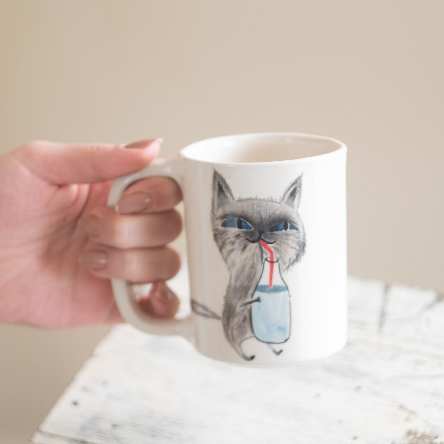 Cat Mom Mug - Ceramic Mug, Adorable Kitty Drinking Milk - Unique Gift - Cat Lover Coffee Cup - Valentines Day Gift