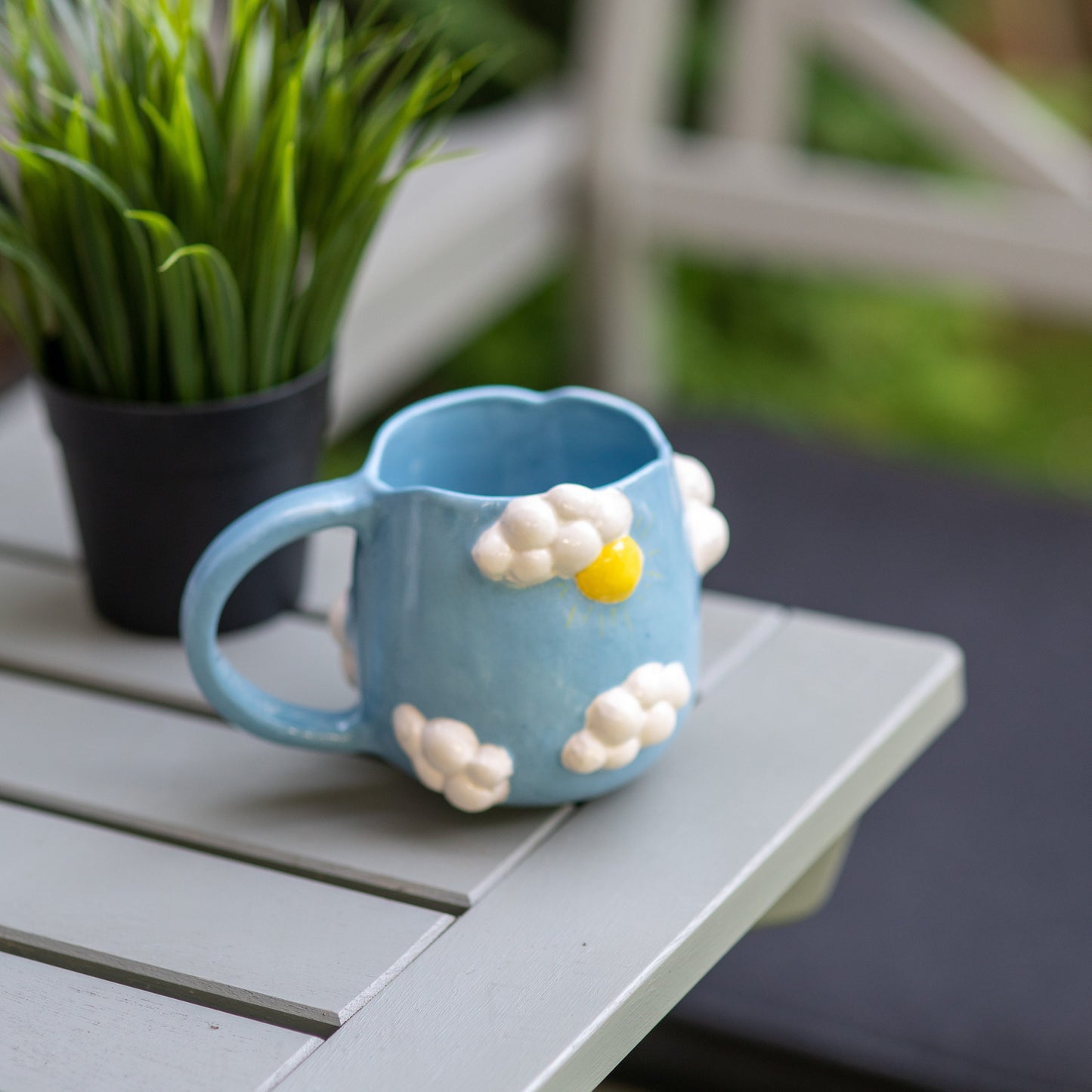Blue Sky Coffee Pottery, Handmade Colorful Coffee Mug, Sun and Sky Theme, Decorative Rustic Coffee Mug