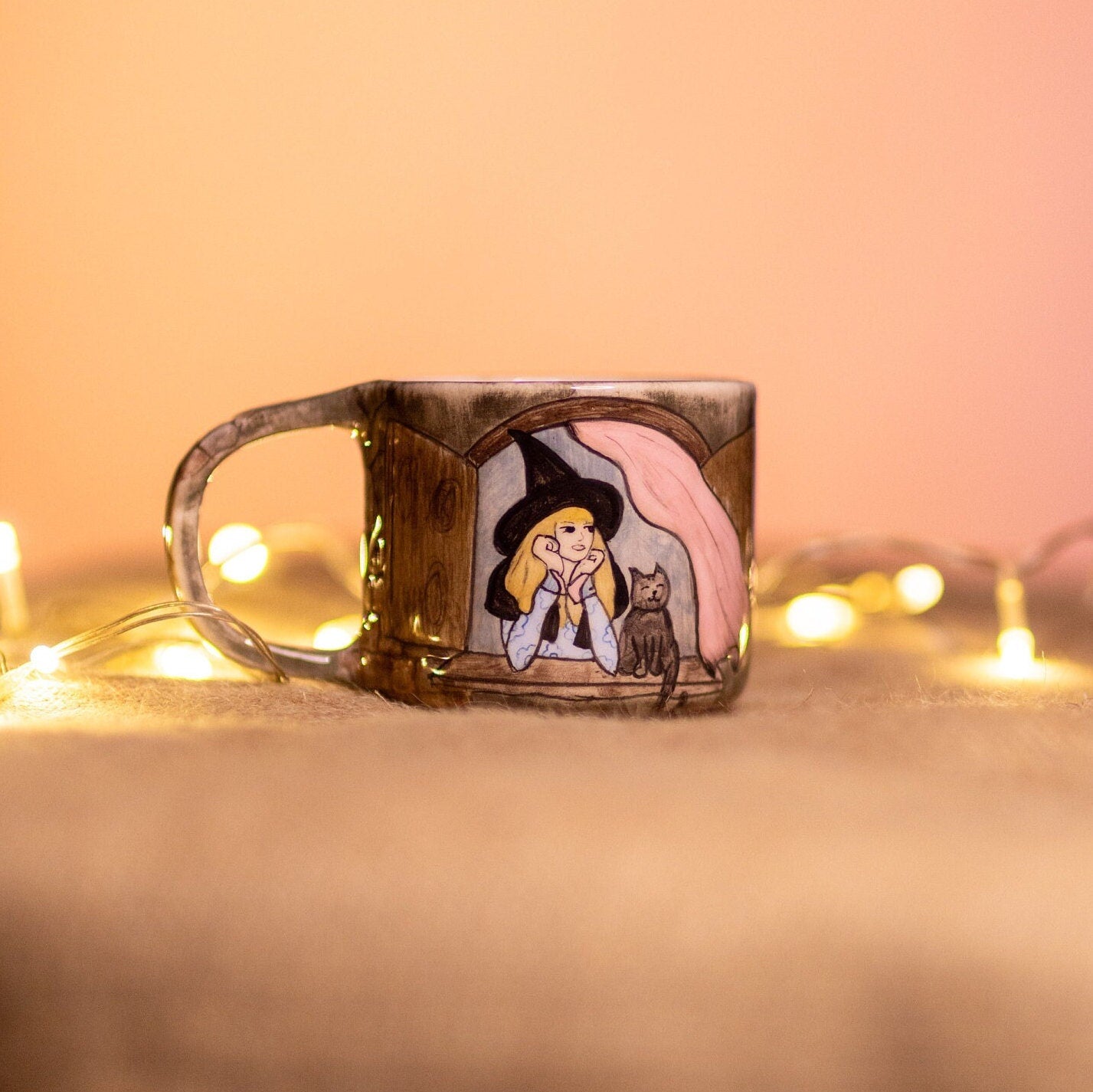Halloween Witch and Cat Ceramic Mug, Handmade Halloween Gift, Pottery Coffee Mug