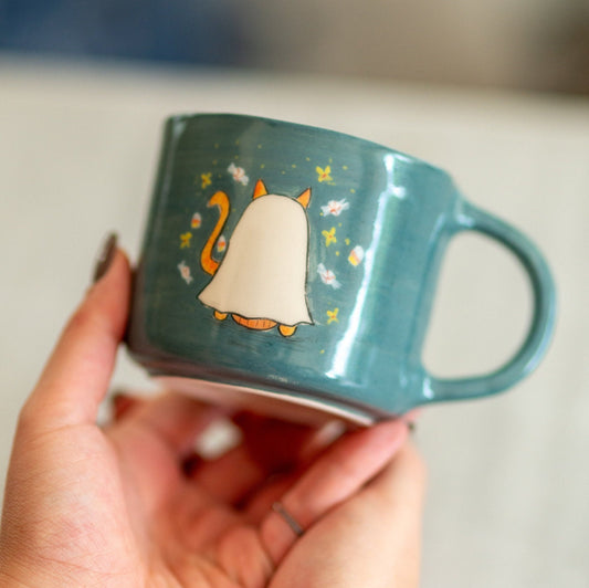 Black Cat Halloween Mug - Handmade Ceramic Coffee Mug with Pumpkin