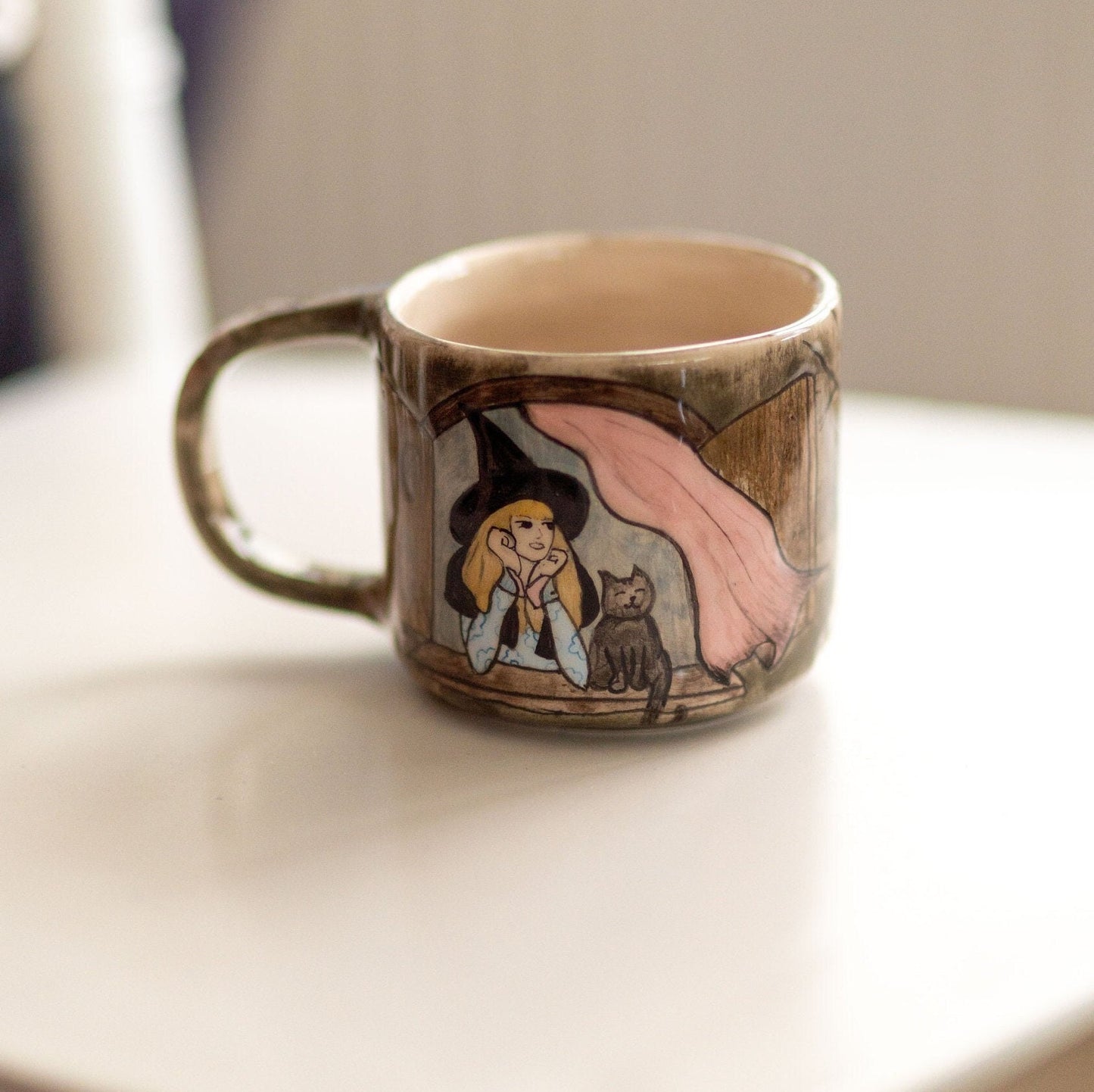 Halloween Witch and Cat Ceramic Mug, Handmade Halloween Gift, Pottery Coffee Mug
