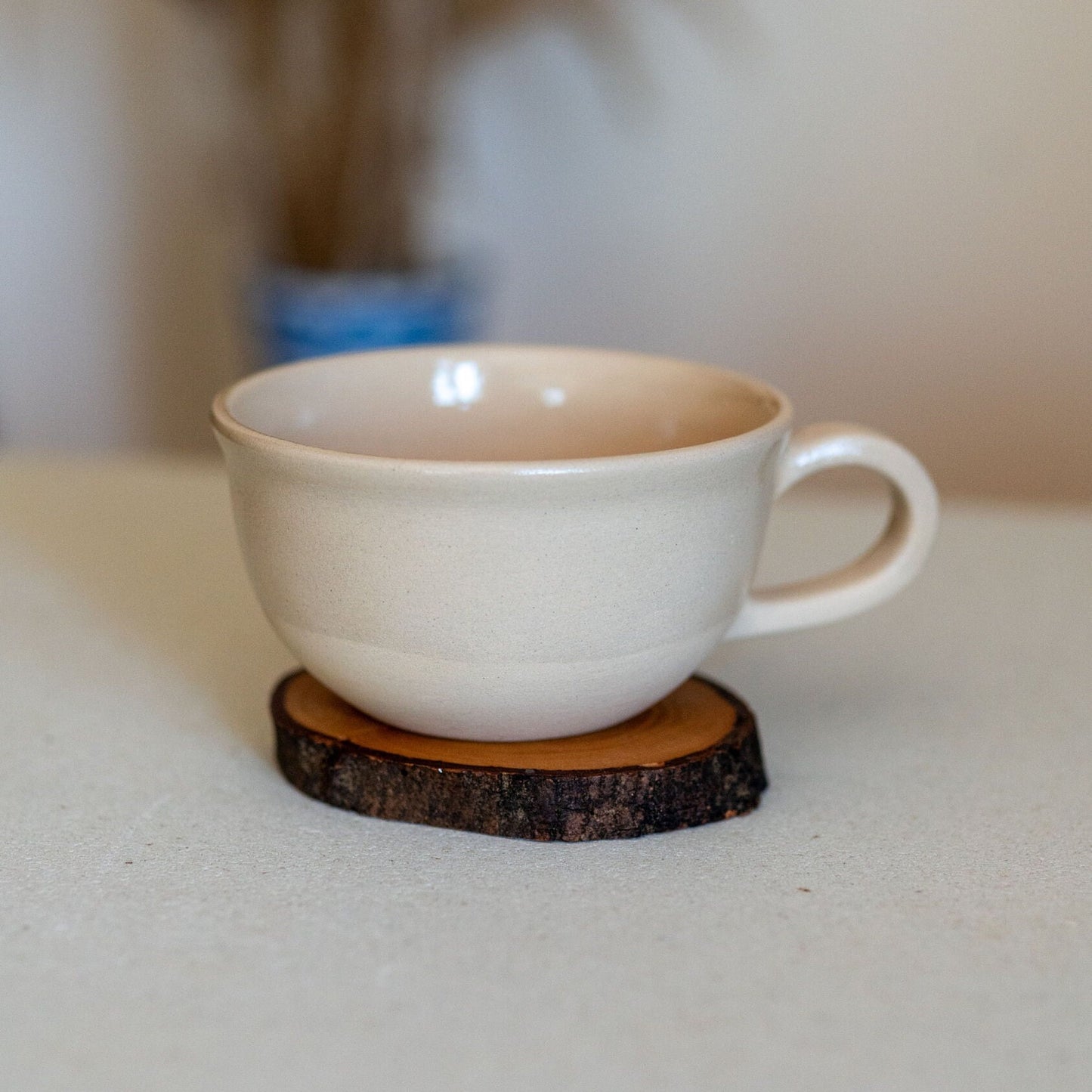 Stoneware Mug Set, Handmade Latte Mug, Tea Cup and Wooden Saucer | Housewarming Gift Idea