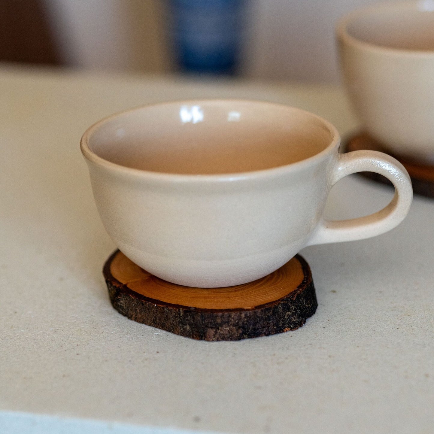 Stoneware Mug Set, Handmade Latte Mug, Tea Cup and Wooden Saucer | Housewarming Gift Idea