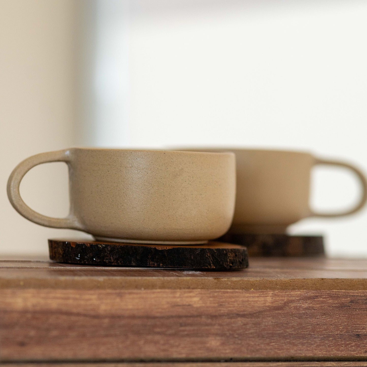 Coffee Cup Tea Cup and Wooden Sacuer, Stonware Mug Set, Handmade Tea Set