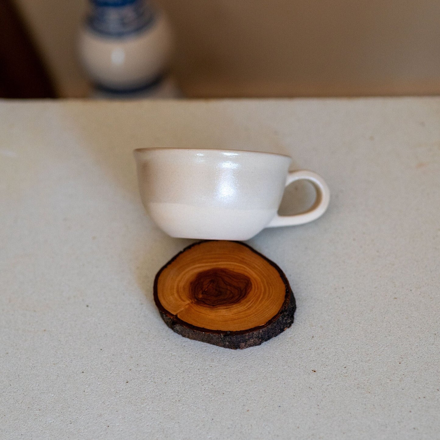 Stoneware Mug Set, Handmade Latte Mug, Tea Cup and Wooden Saucer | Housewarming Gift Idea