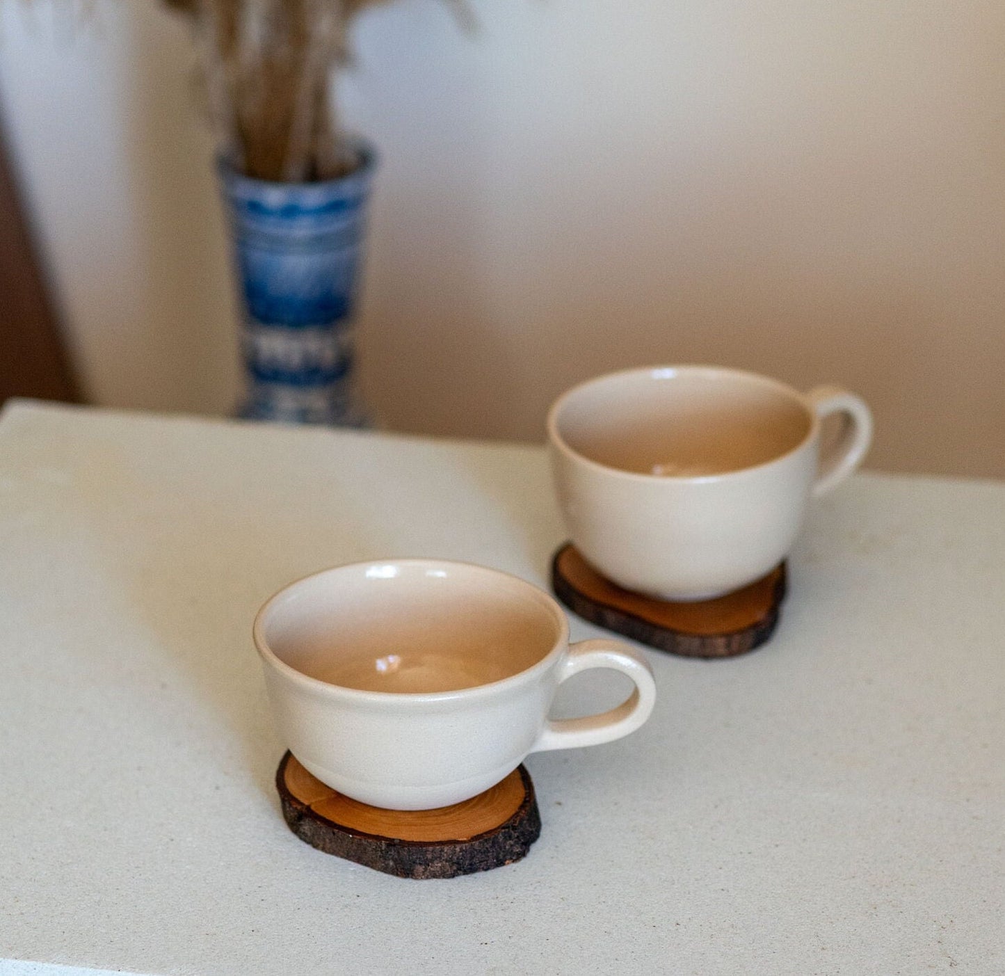 Stoneware Mug Set, Handmade Latte Mug, Tea Cup and Wooden Saucer | Housewarming Gift Idea