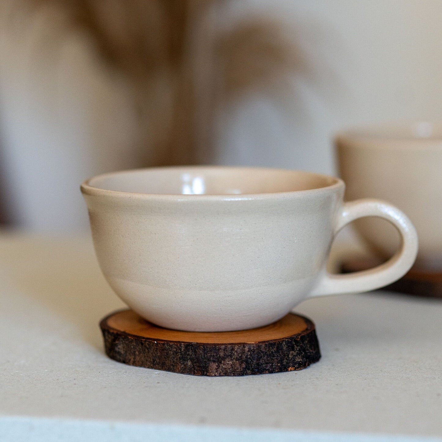 Stoneware Mug Set, Handmade Latte Mug, Tea Cup and Wooden Saucer | Housewarming Gift Idea