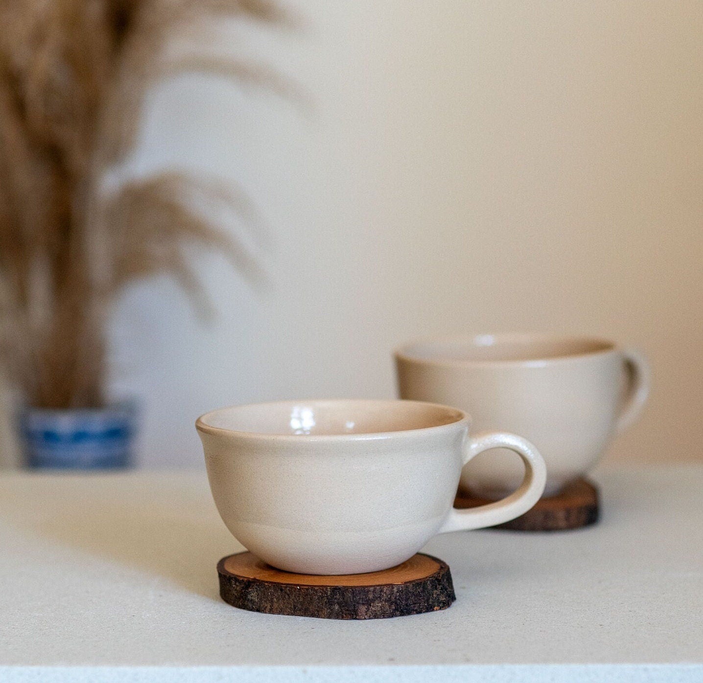 Stoneware Mug Set, Handmade Latte Mug, Tea Cup and Wooden Saucer | Housewarming Gift Idea