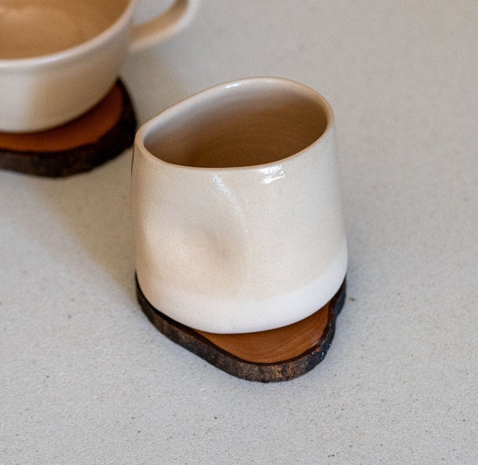 Stoneware Coffee Mug, Ceramic Wine Cup, Pottery Mug and Wooden Coaster