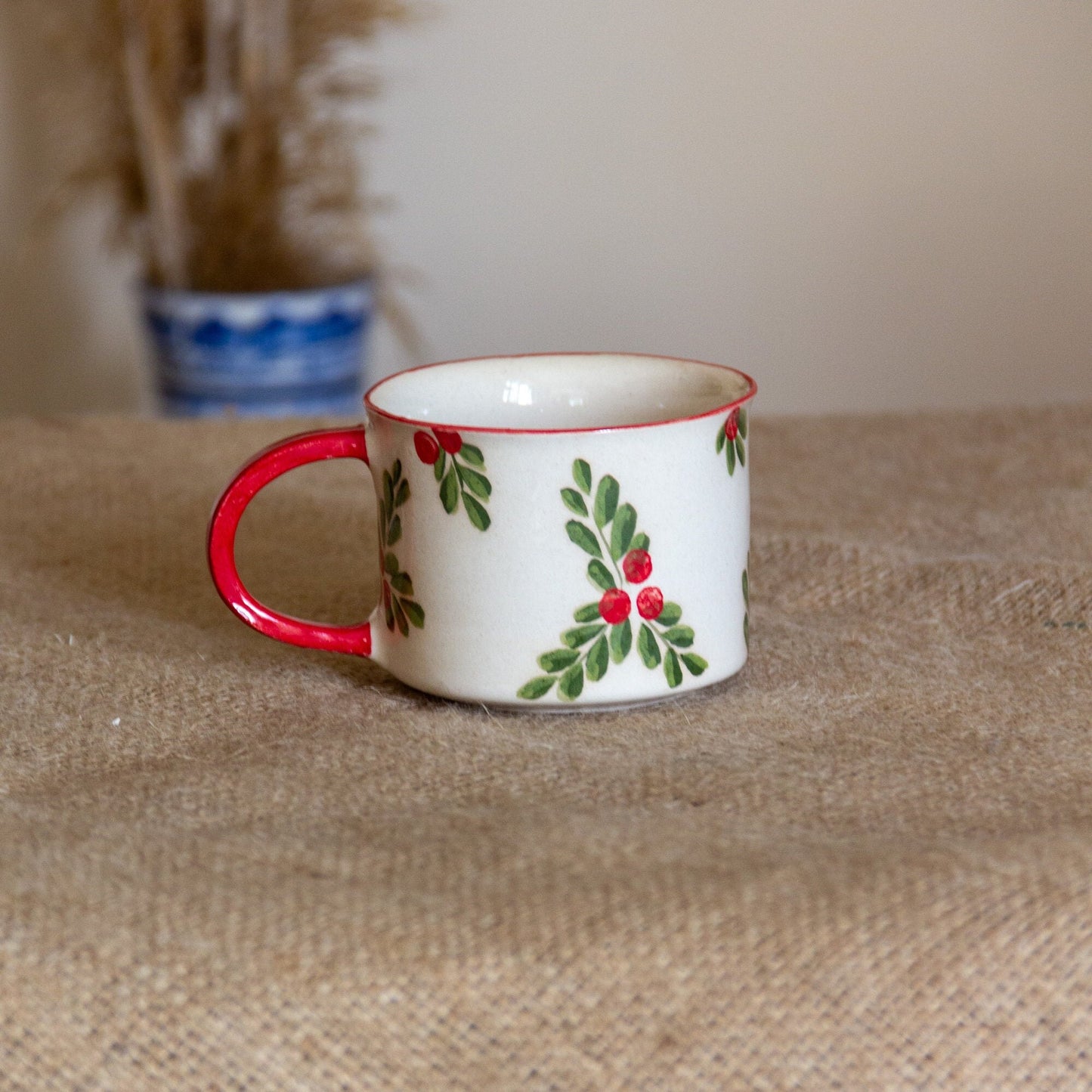 Christmas Mug Holly Flower Decorated, Cute Mug Pottery, New Year Decor