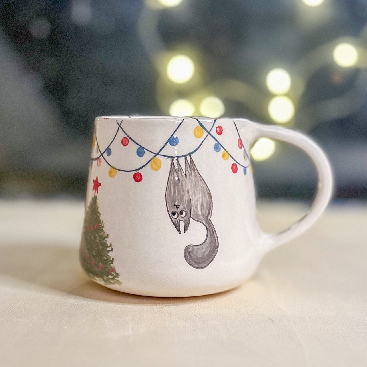 Cat Mug Handmade Christmas Coffee Mug, Cat Mom Mug, Christmas Tree Ornament Funny Cat, Xmas Mugs