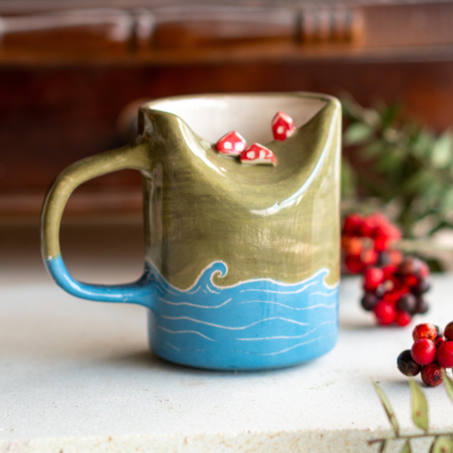 Unique Pottery Mug - Handmade Gift, Ceramic Coffee Mug, Mountain and Sea