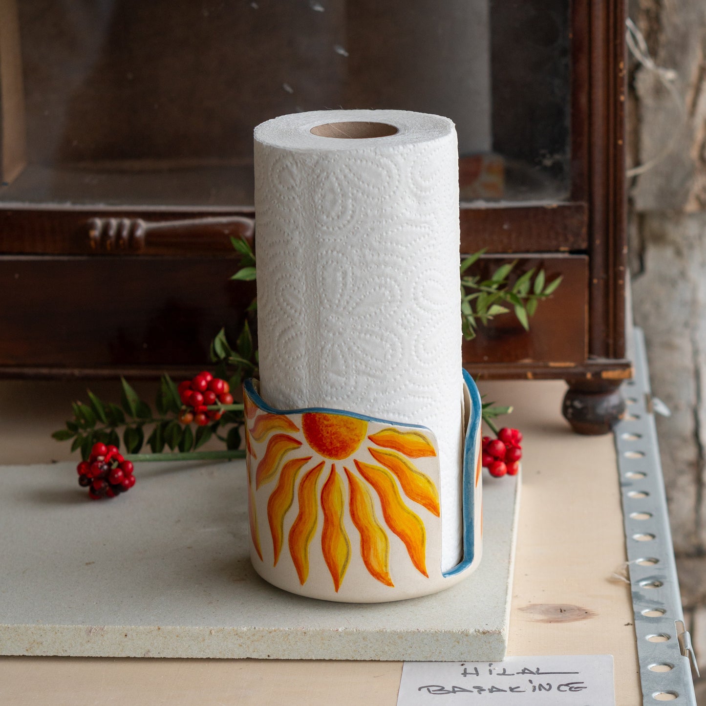 Handmade Ceramic Paper Towel Holder: Floral Holiday Kitchen Decor