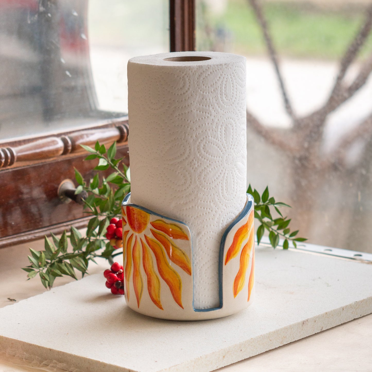 Handmade Ceramic Paper Towel Holder: Floral Holiday Kitchen Decor