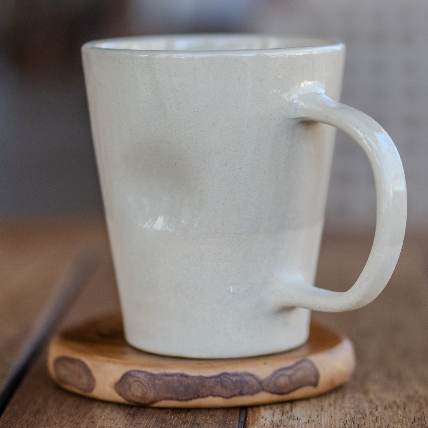 Stoneware Coffee Mug - Handmade Pottery Mug, Minimalist Handcrafted Ceramic Mug with Matching Wooden Coaster