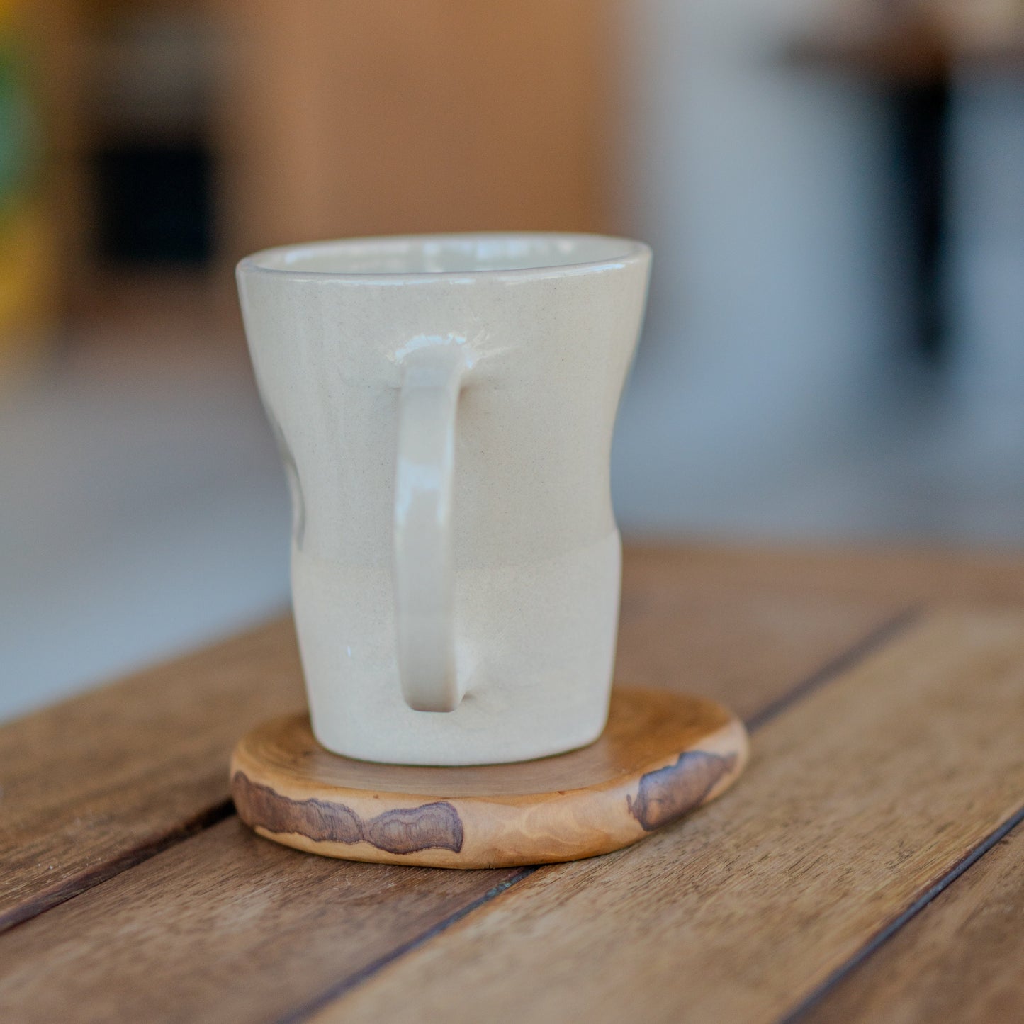 Stoneware Coffee Mug - Handmade Pottery Mug, Minimalist Handcrafted Ceramic Mug with Matching Wooden Coaster