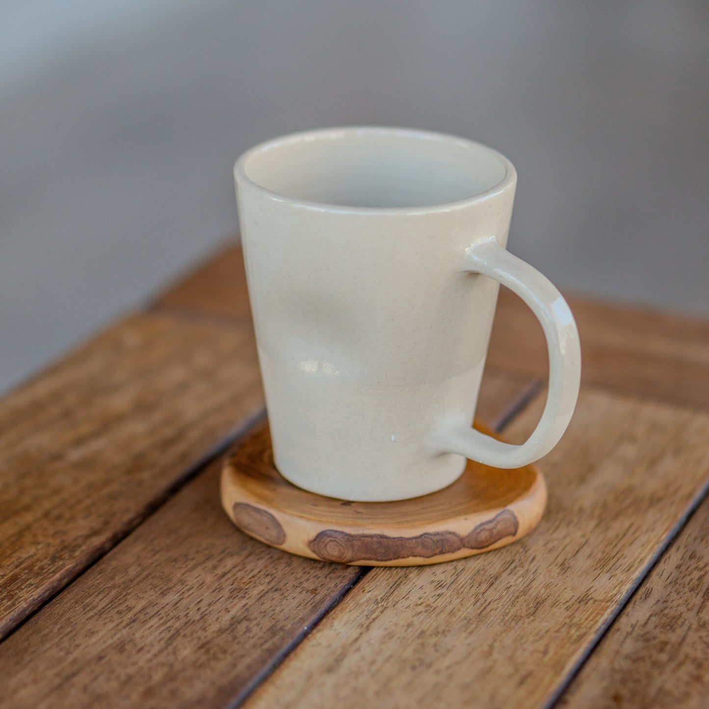 Stoneware Coffee Mug - Handmade Pottery Mug, Minimalist Handcrafted Ceramic Mug with Matching Wooden Coaster