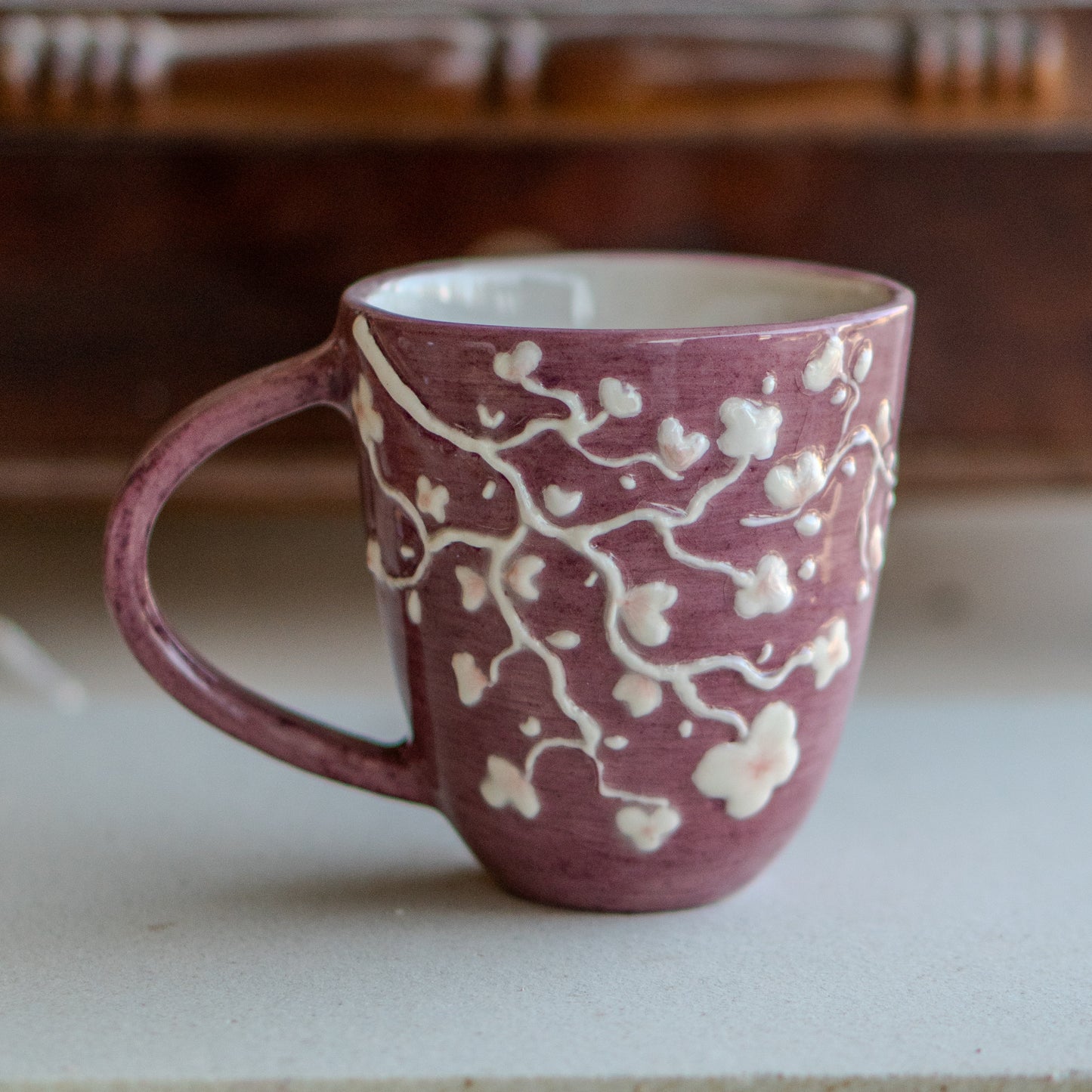 White Blossom Coffee Mug, Handmade Ceramic Mug, Sakura Coffee Mug