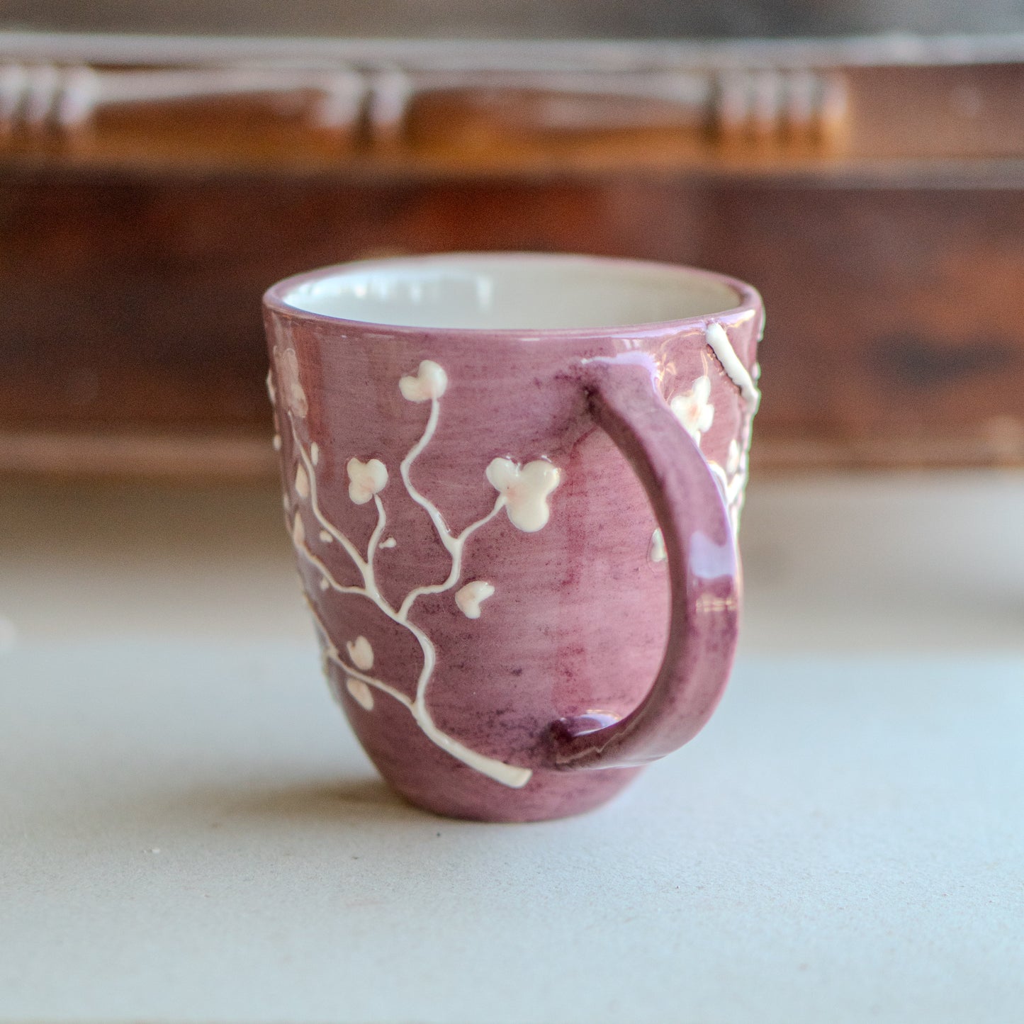 White Blossom Coffee Mug, Handmade Ceramic Mug, Sakura Coffee Mug