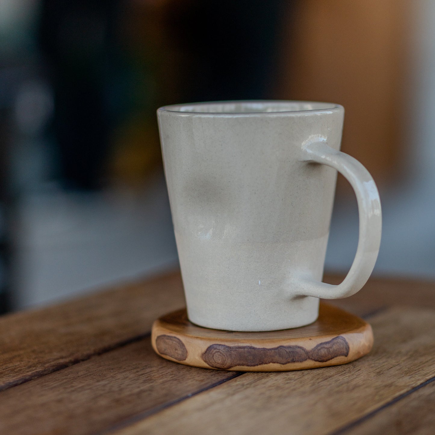 Stoneware Coffee Mug - Handmade Pottery Mug, Minimalist Handcrafted Ceramic Mug with Matching Wooden Coaster