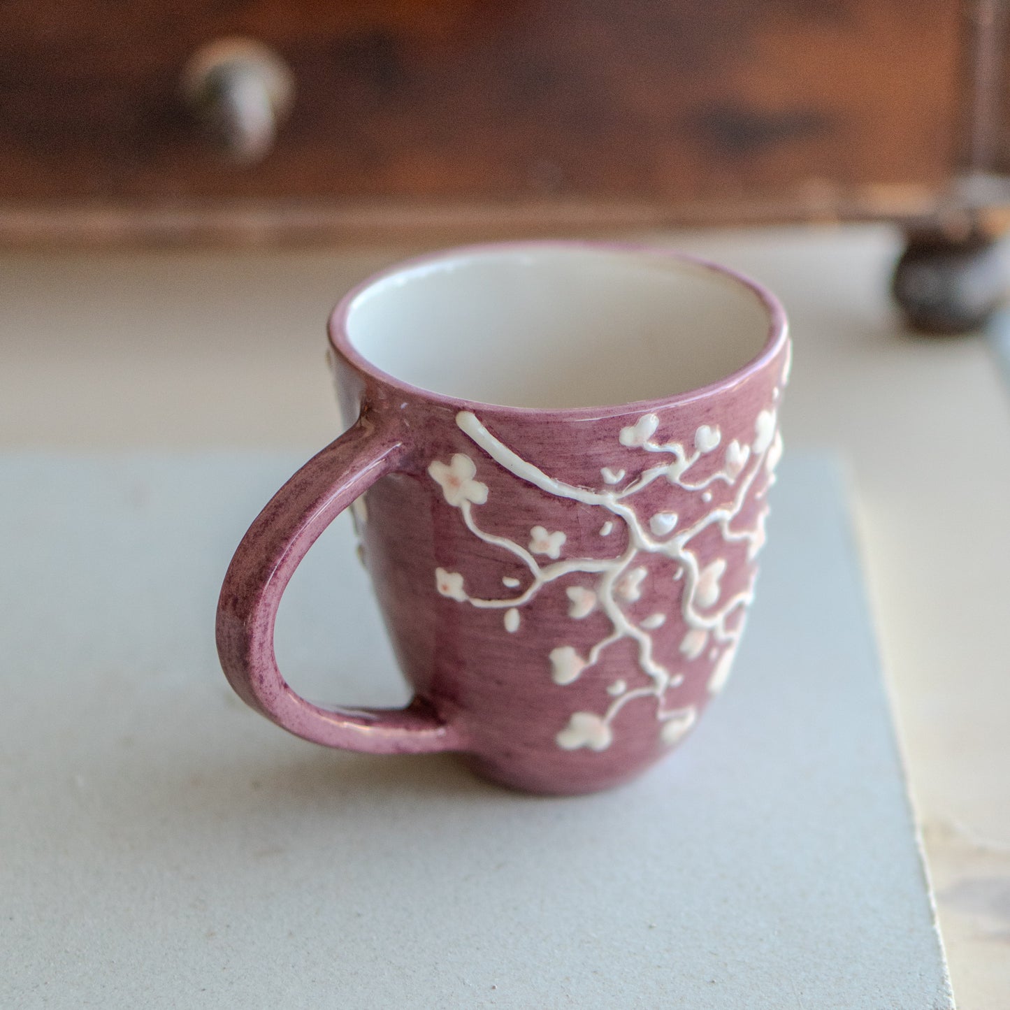 White Blossom Coffee Mug, Handmade Ceramic Mug, Sakura Coffee Mug
