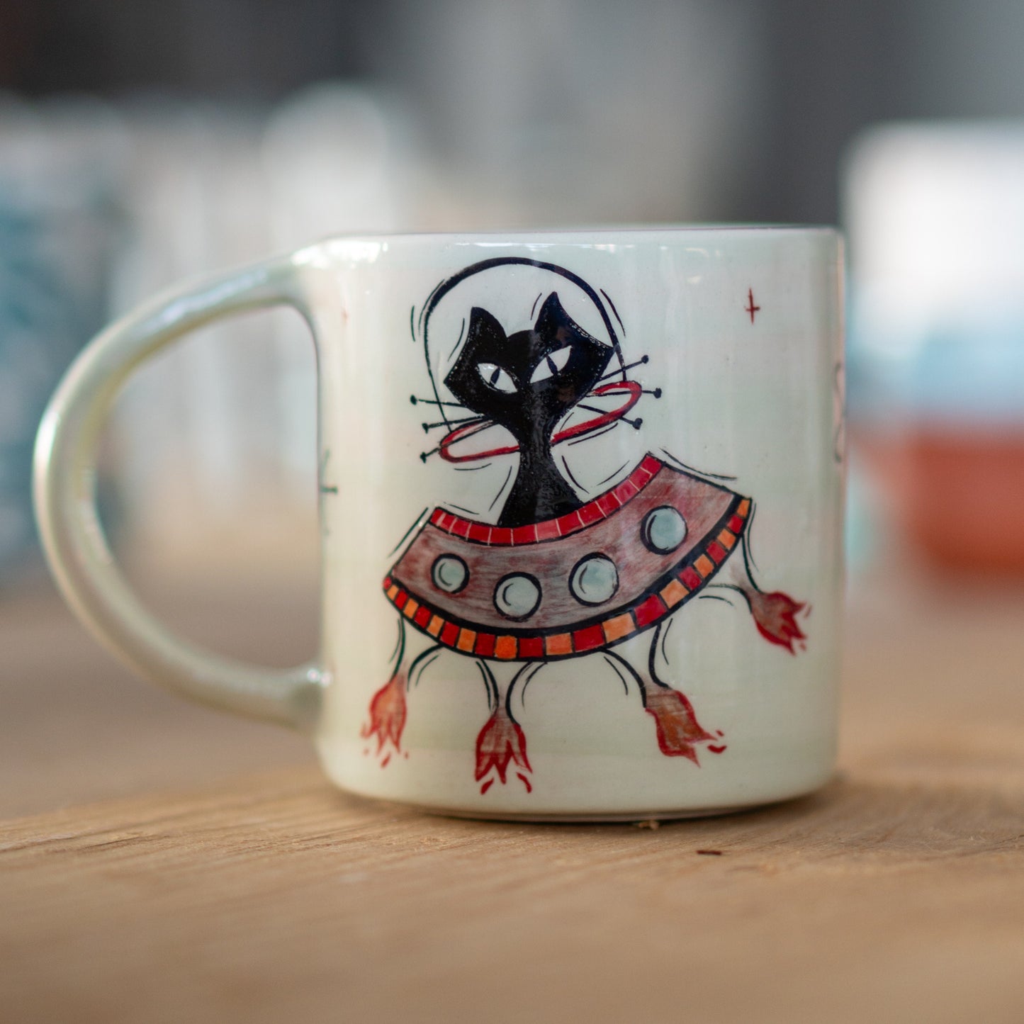Handmade Atomic Cat Mug - Black Cat Mug, Handmade Ceramic Mug, Pottery Mug, Custom Cat Mug