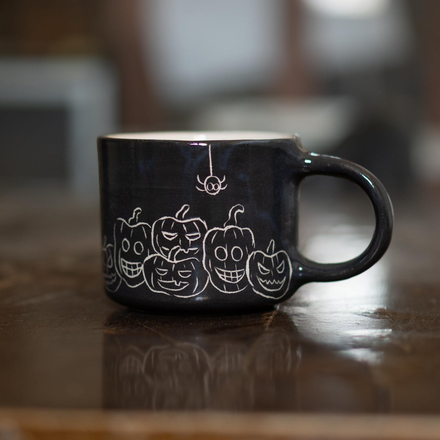 Spooky Halloween Ceramic Mug - Pumpkin Mug Witch Cat and Spider Mug, Black Artisan Coffee Cup