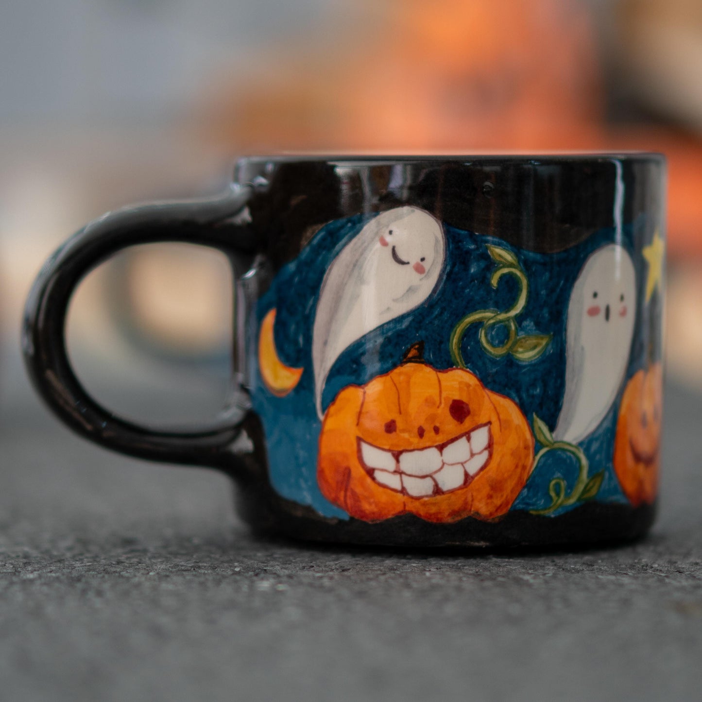 Halloween Pumpkin and Ghost Mug - Hand-Painted Ceramic Coffee Cup, Spooky and Fun Halloween Gift, Handmade Pottery for Fall
