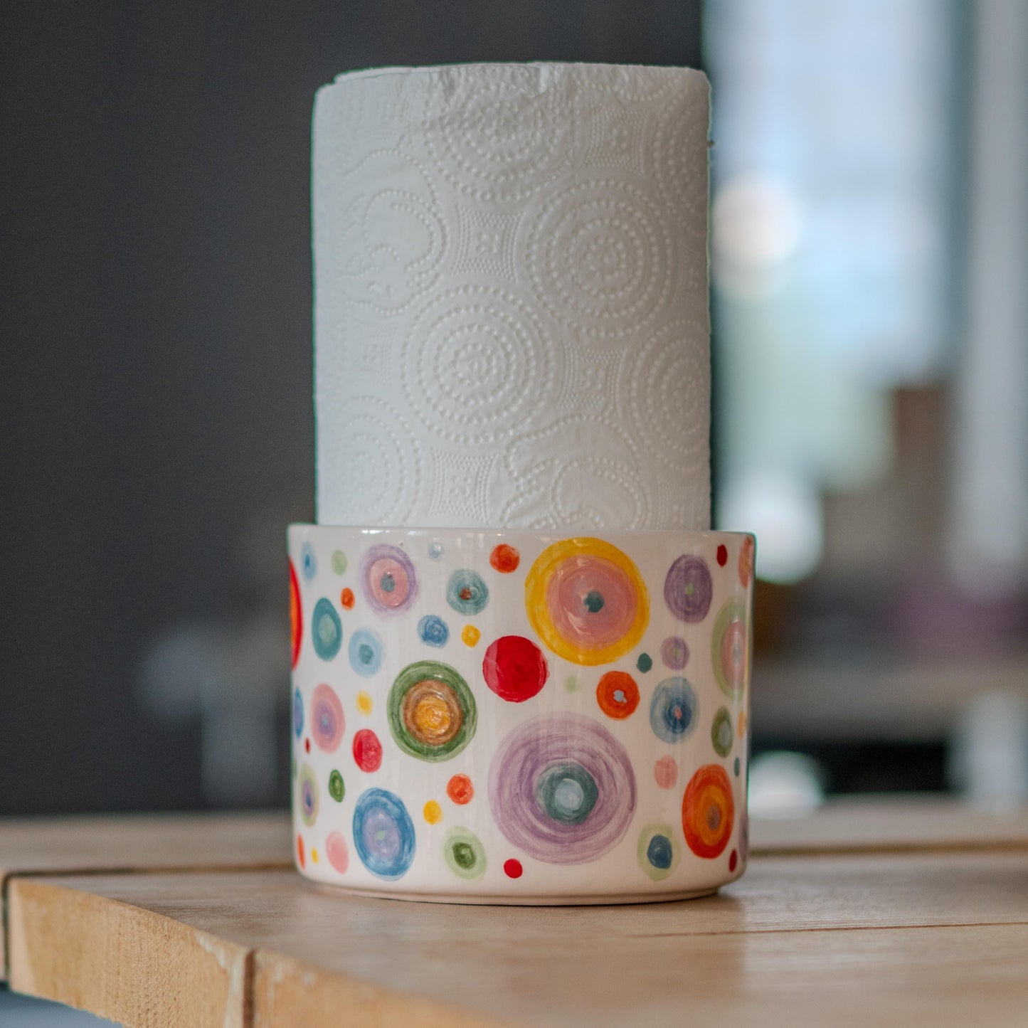 Ceramic Paper Towel Holder, Hand-Painted Paper Towel Holder - Vibrant Dots Ceramic Kitchen Roll Stand, Unique Kitchen Organizer