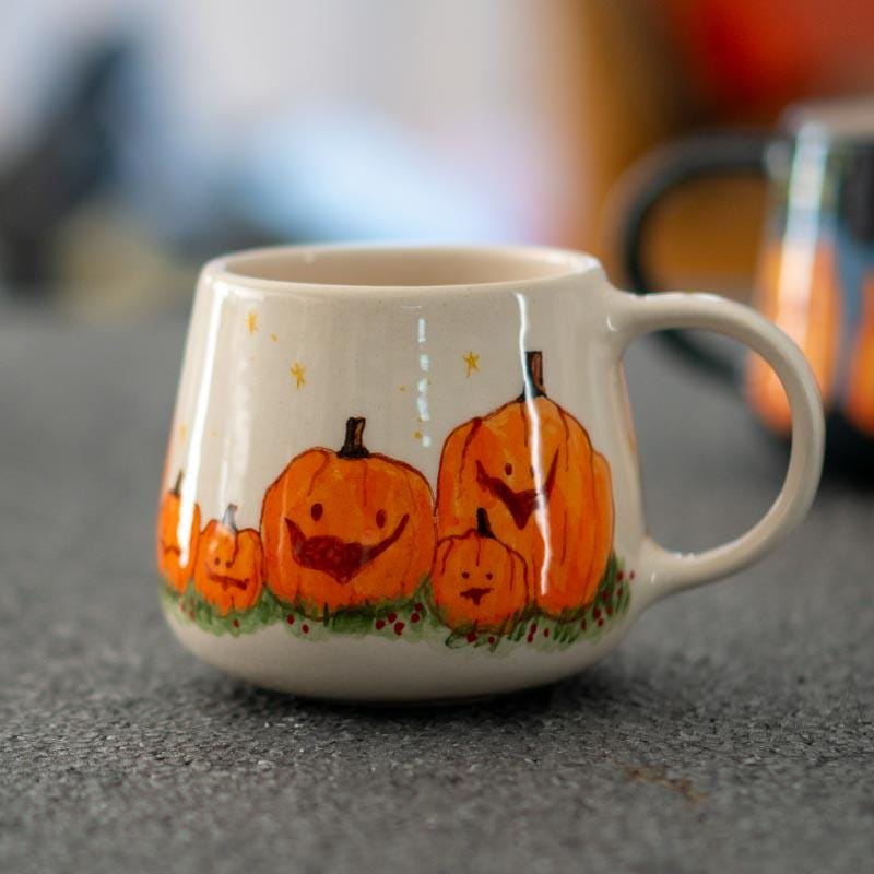 Halloween Cat Mug, Black Cat with Witch Hat and Pumpkins, Spooky Fall Decor