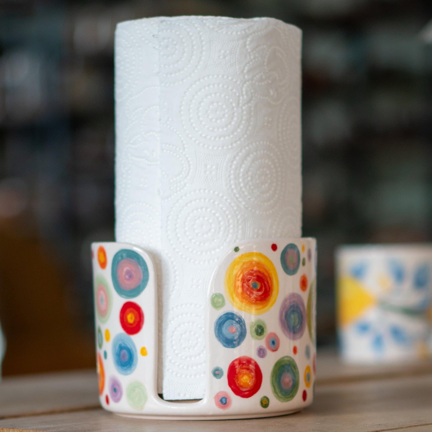 Ceramic Paper Towel Holder, Hand-Painted Paper Towel Holder - Vibrant Dots Ceramic Kitchen Roll Stand, Unique Kitchen Organizer