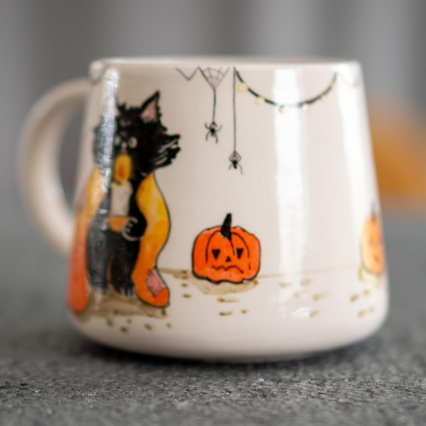 Halloween Cat Mug - Pumpkins, Handmade Ceramic Mug, Black Cat Mug