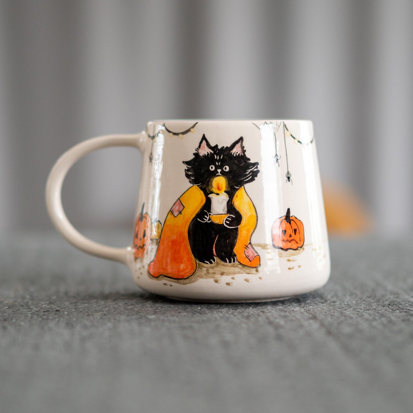 Halloween Cat Mug - Pumpkins, Handmade Ceramic Mug, Black Cat Mug