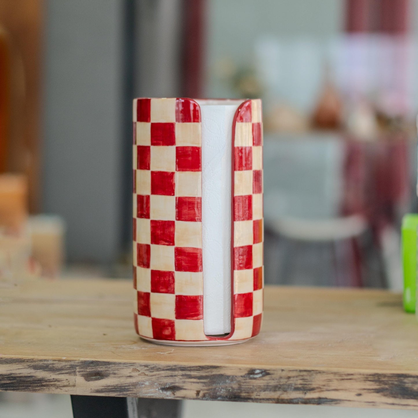 Handmade Checkered Ceramic Paper Towel Holder: Farmhouse Kitchen Decor