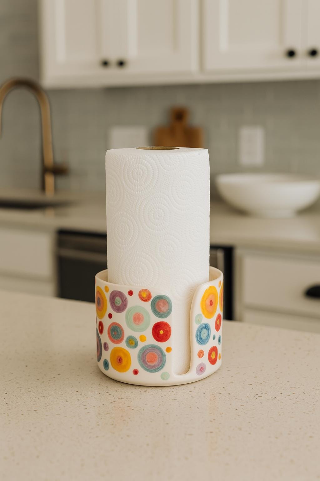 Ceramic Paper Towel Holder, Hand-Painted Paper Towel Holder - Vibrant Dots Ceramic Kitchen Roll Stand, Unique Kitchen Organizer