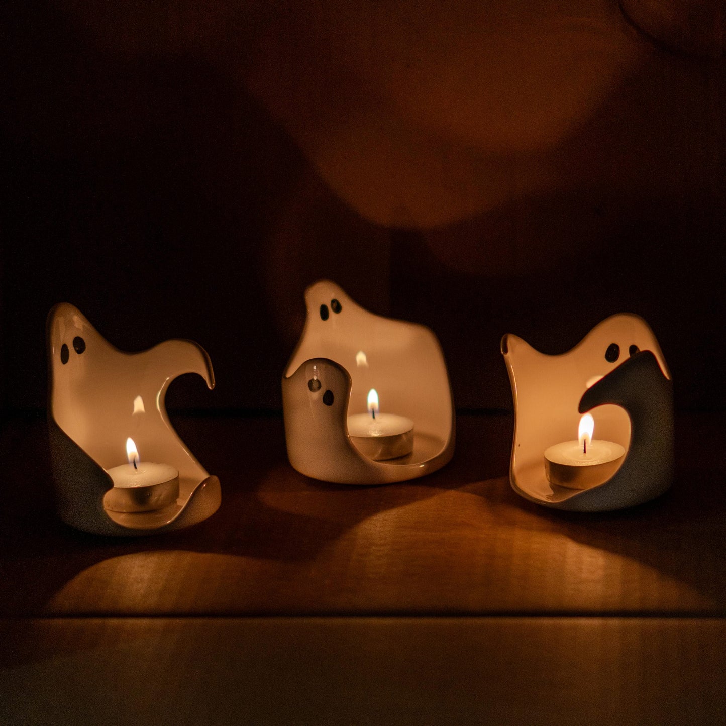Handmade Ceramic Ghost Tealight Holder Set: Spooky Halloween Decor