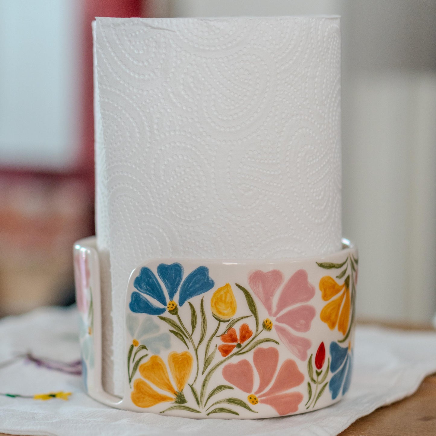 Handmade Ceramic Paper Towel Holder: Floral Holiday Kitchen Decor