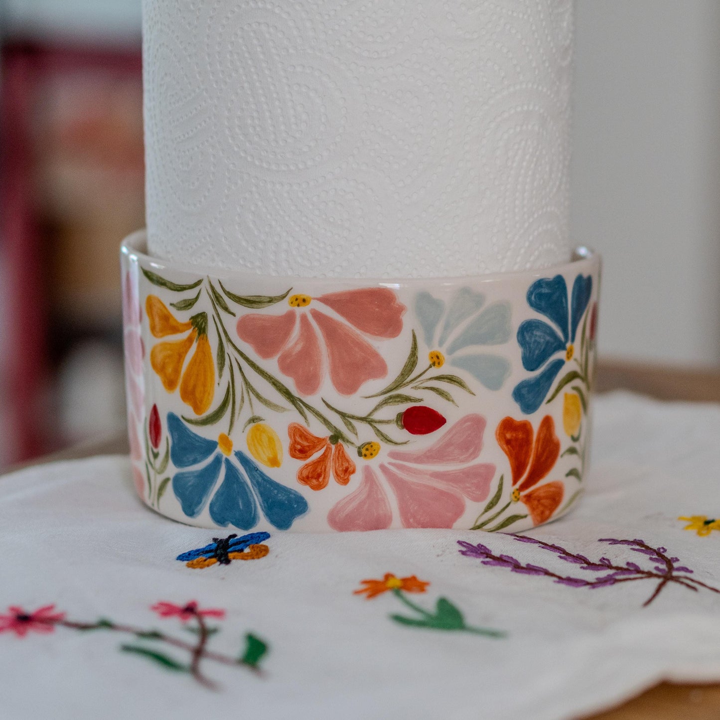 Handmade Ceramic Paper Towel Holder: Floral Holiday Kitchen Decor